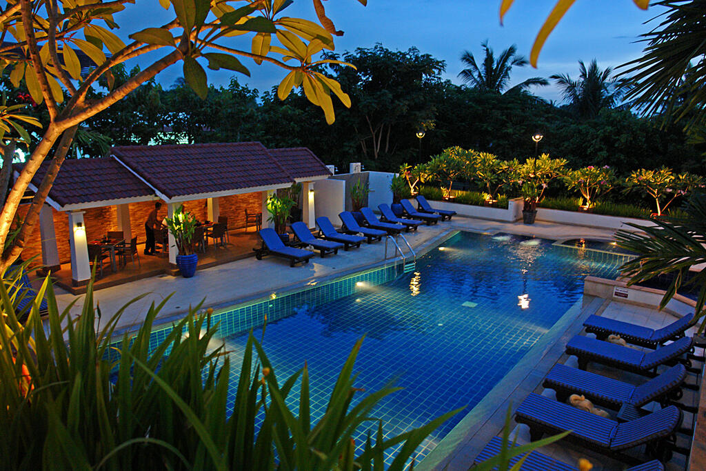 Illustrative accommodation photography for a fictional cambodia stay — illustrative style for Sihanouk Bay Retreat