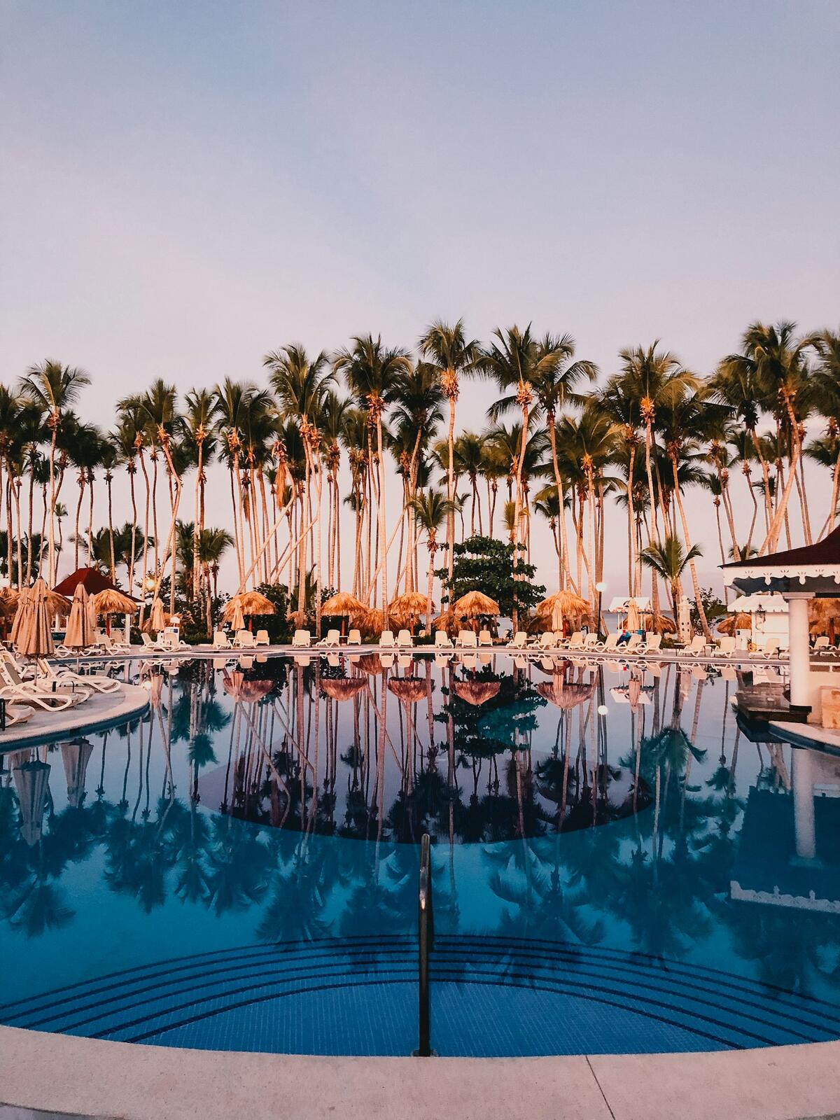 A swimming pool surrounded by palm trees in a resort — illustrative property style — illustrative style for Sea Grape Villas