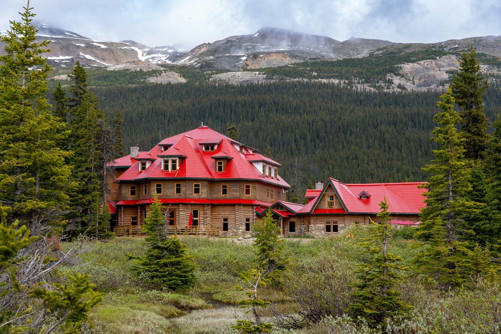 A lodge with red roofs nestled in nature — illustrative property style — illustrative style for Banff Cedar Lodge