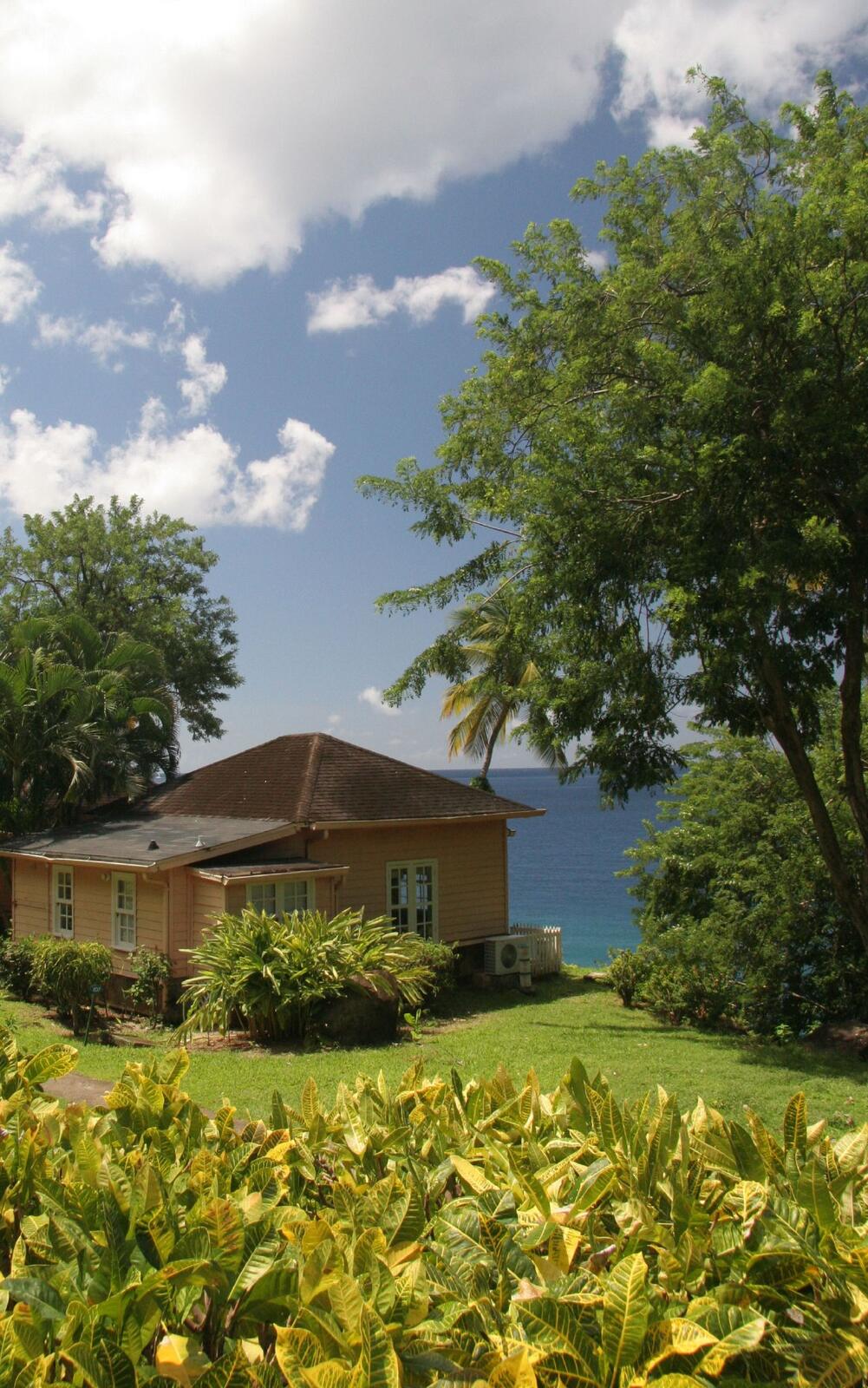 Illustrative accommodation photography for a fictional saint-lucia stay — illustrative style for Cocoa Blossom Lodge