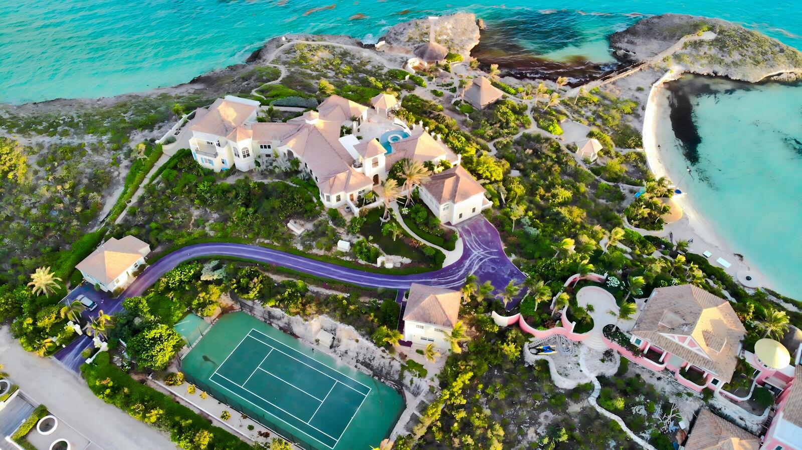 Luxury villa with tennis court on tropical island — illustrative property style — illustrative style for Orchard Hill Retreat