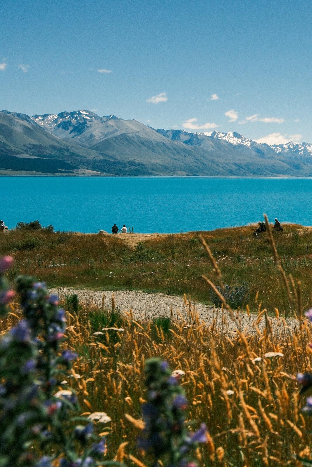 A turquoise lake beneath South Island mountains in New Zealand