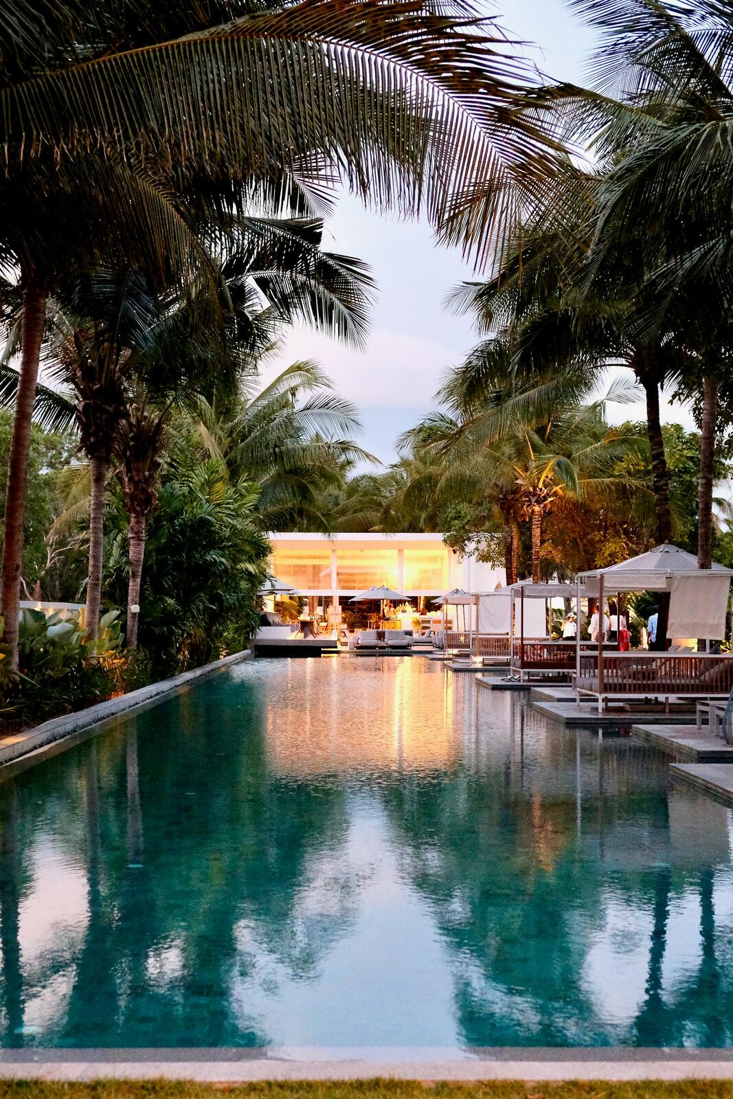 Tropical resort pool with palm trees and building — illustrative property style — illustrative style for Lotus Bay House