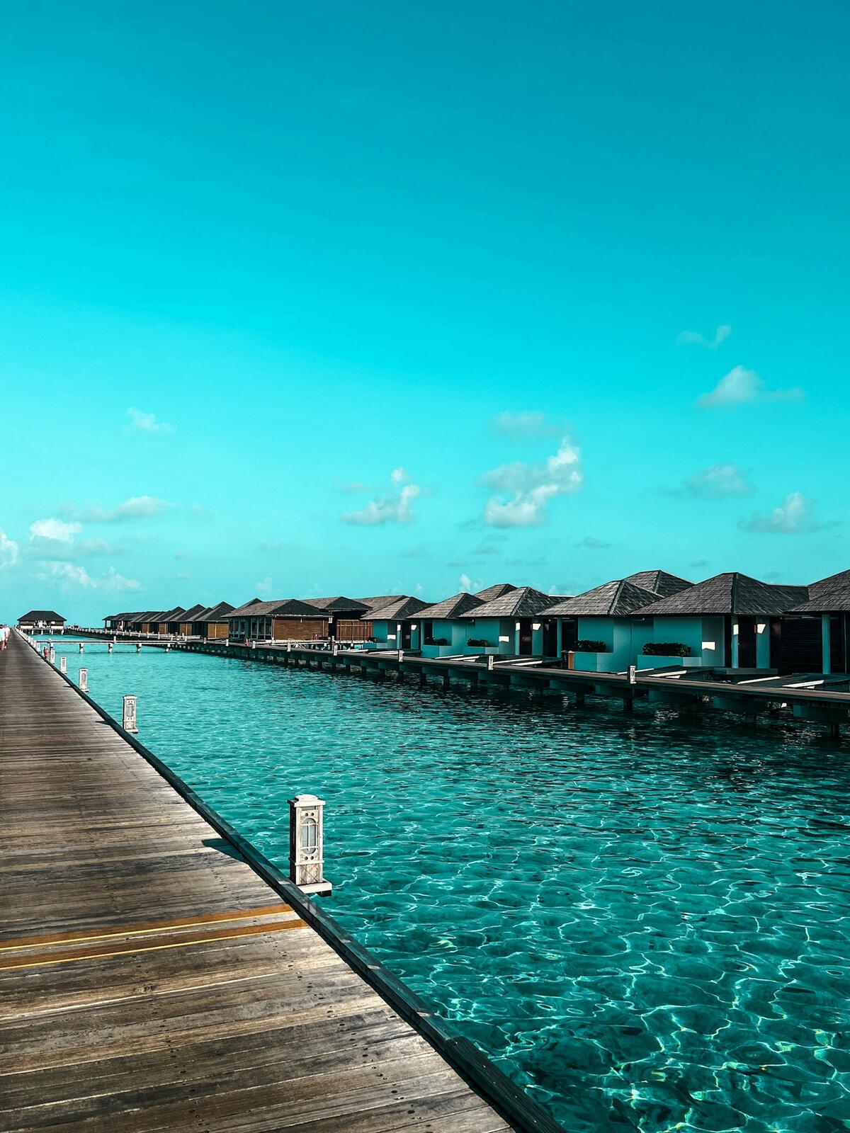 Overwater bungalows line a clear turquoise ocean — illustrative property style — illustrative style for Coral Canopy Villas